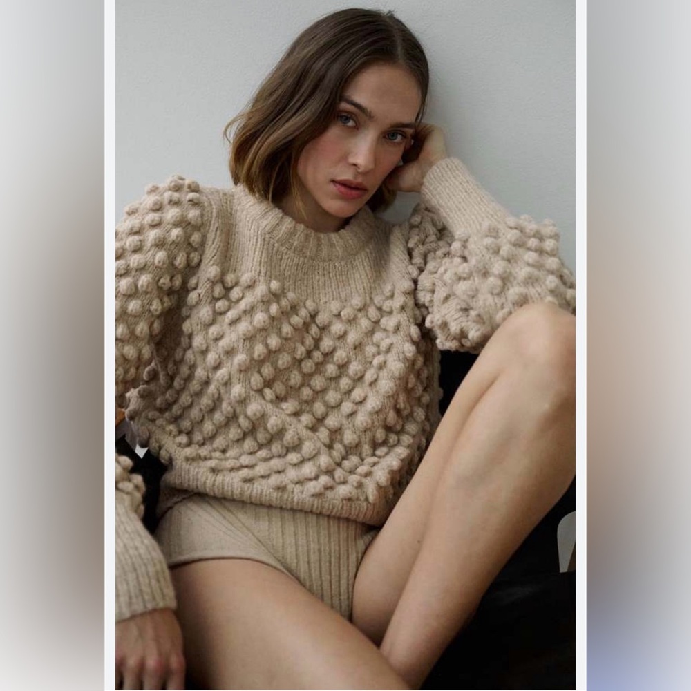 Textured Bobble Crewneck Sweater in Beige